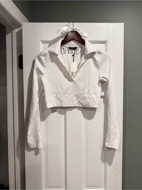 Zara NWT women’s White Cropped Polo Long-Sleeve Top size Medium